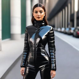 A captivating image of a woman wearing a tight, black, shiny puffer suit