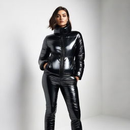 A captivating image of a woman wearing a tight, black, shiny puffer suit