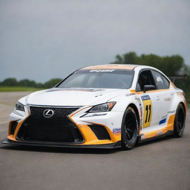 A Lexus car refashioned into a NASCAR variant, enriched with striking colors, performance upgrades for racing, and abundantly garnished with sponsor logos.