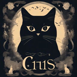 A high quality illustration for a book cover titled 'Cats and Mystery: Between Legends and Superstitions'