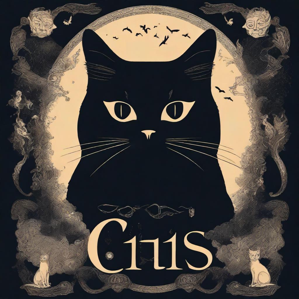 A high quality illustration for a book cover titled 'Cats and Mystery: Between Legends and Superstitions'