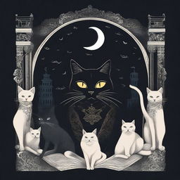 A high quality illustration for a book cover titled 'Cats and Mystery: Between Legends and Superstitions'