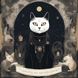 A high quality illustration for a book cover titled 'Cats and Mystery: Between Legends and Superstitions'