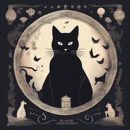 A high quality illustration for a book cover titled 'Cats and Mystery: Between Legends and Superstitions'