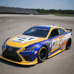 A Lexus car refashioned into a NASCAR variant, enriched with striking colors, performance upgrades for racing, and abundantly garnished with sponsor logos.