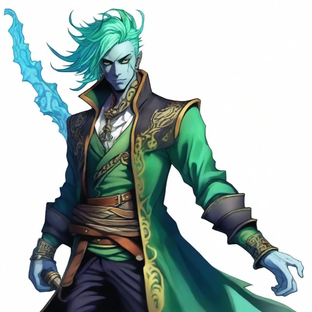A water male genasi warlock named Brook, who is the pirate king