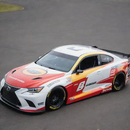 A Lexus car refashioned into a NASCAR variant, enriched with striking colors, performance upgrades for racing, and abundantly garnished with sponsor logos.