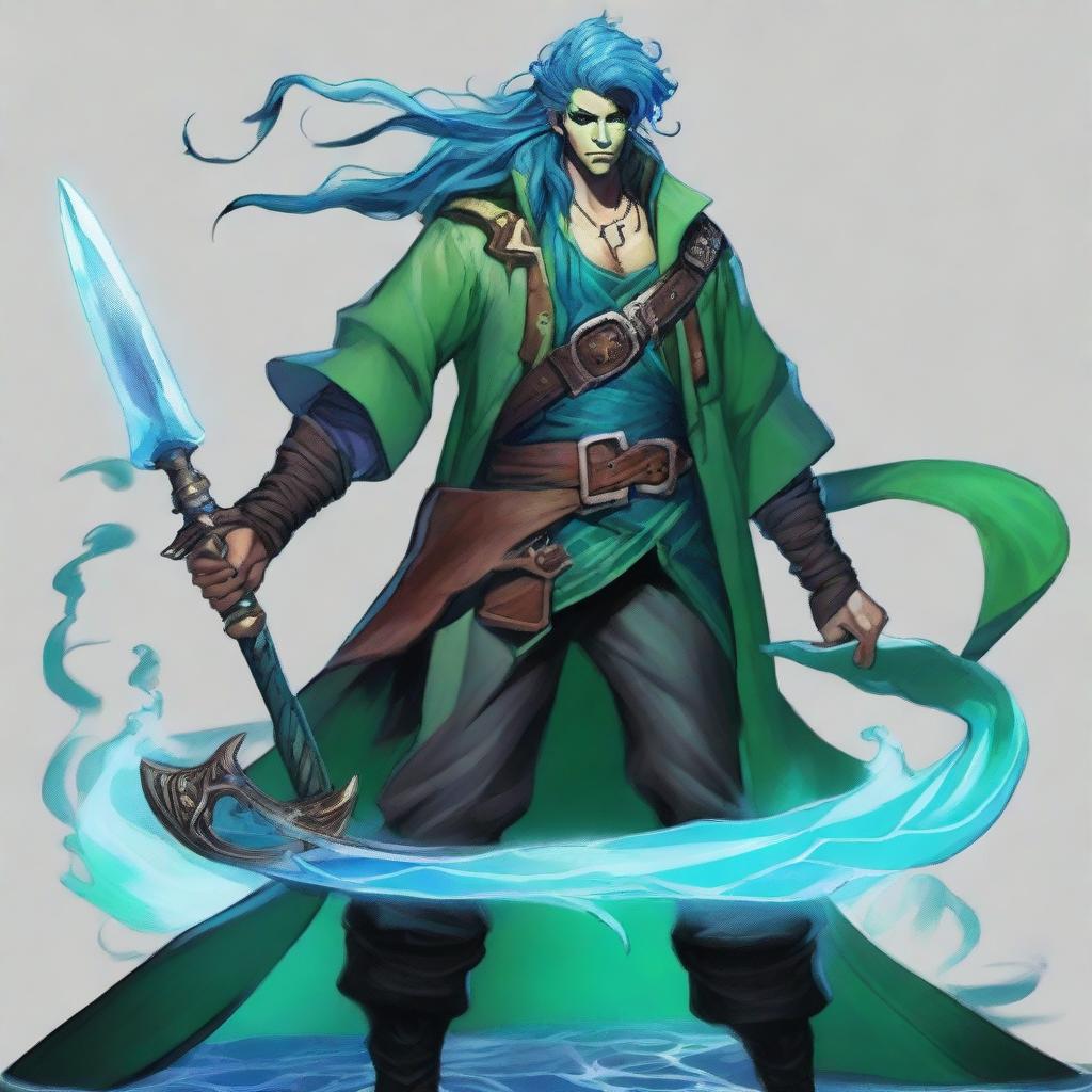 A water male genasi warlock named Brook, who is the pirate king