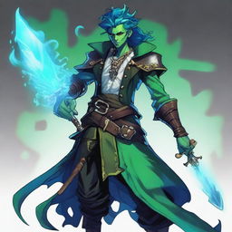 A water male genasi warlock named Brook, who is the pirate king