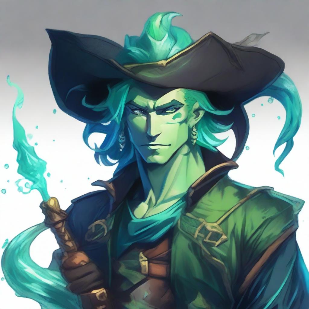 A water male genasi warlock named Brook, who is the pirate king