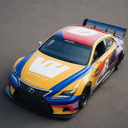 A Lexus car refashioned into a NASCAR variant, enriched with striking colors, performance upgrades for racing, and abundantly garnished with sponsor logos.