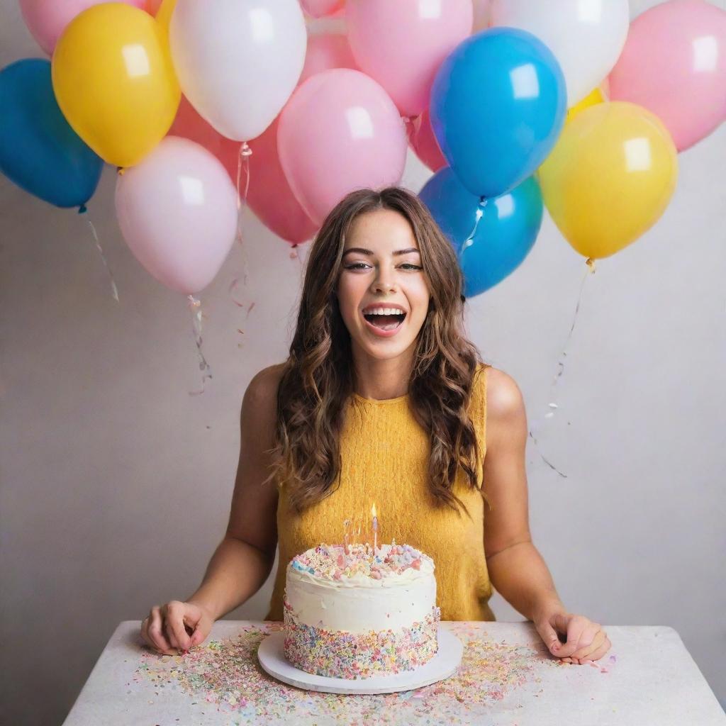 A vivacious young woman gleaming with joy on her 23rd birthday, standing near a beautifully decorated cake, surrounded by balloons and confetti.