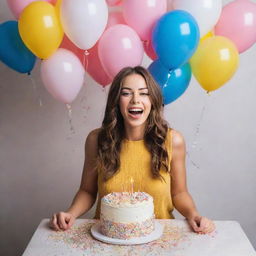 A vivacious young woman gleaming with joy on her 23rd birthday, standing near a beautifully decorated cake, surrounded by balloons and confetti.