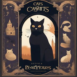 Create a high quality illustration for a book cover titled 'Cats and Mystery: Between Legends and Superstitions'