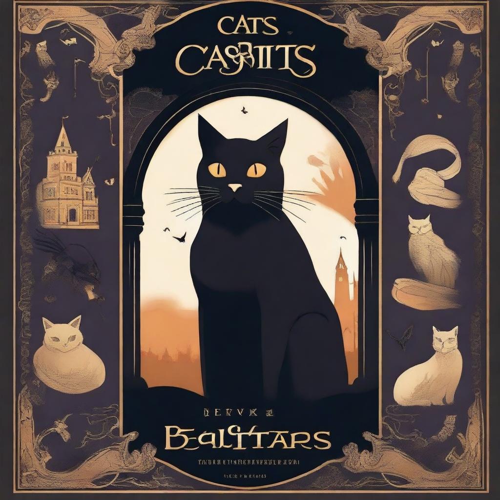 Create a high quality illustration for a book cover titled 'Cats and Mystery: Between Legends and Superstitions'
