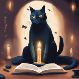 Create a high quality illustration for a book cover titled 'Cats and Mystery: Between Legends and Superstitions'