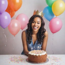 A vivacious young woman gleaming with joy on her 23rd birthday, standing near a beautifully decorated cake, surrounded by balloons and confetti.