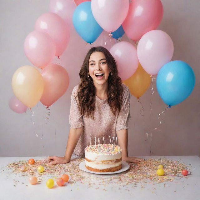 A vivacious young woman gleaming with joy on her 23rd birthday, standing near a beautifully decorated cake, surrounded by balloons and confetti.