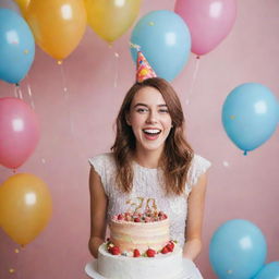 A vivacious young woman gleaming with joy on her 23rd birthday, standing near a beautifully decorated cake, surrounded by balloons and confetti.