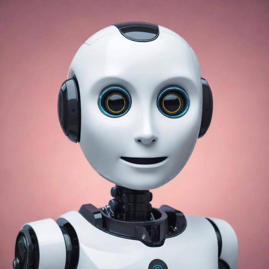 A futuristic, sleek chatbot robot with digital eyes and a friendly expression, designed to represent advanced AI technology.