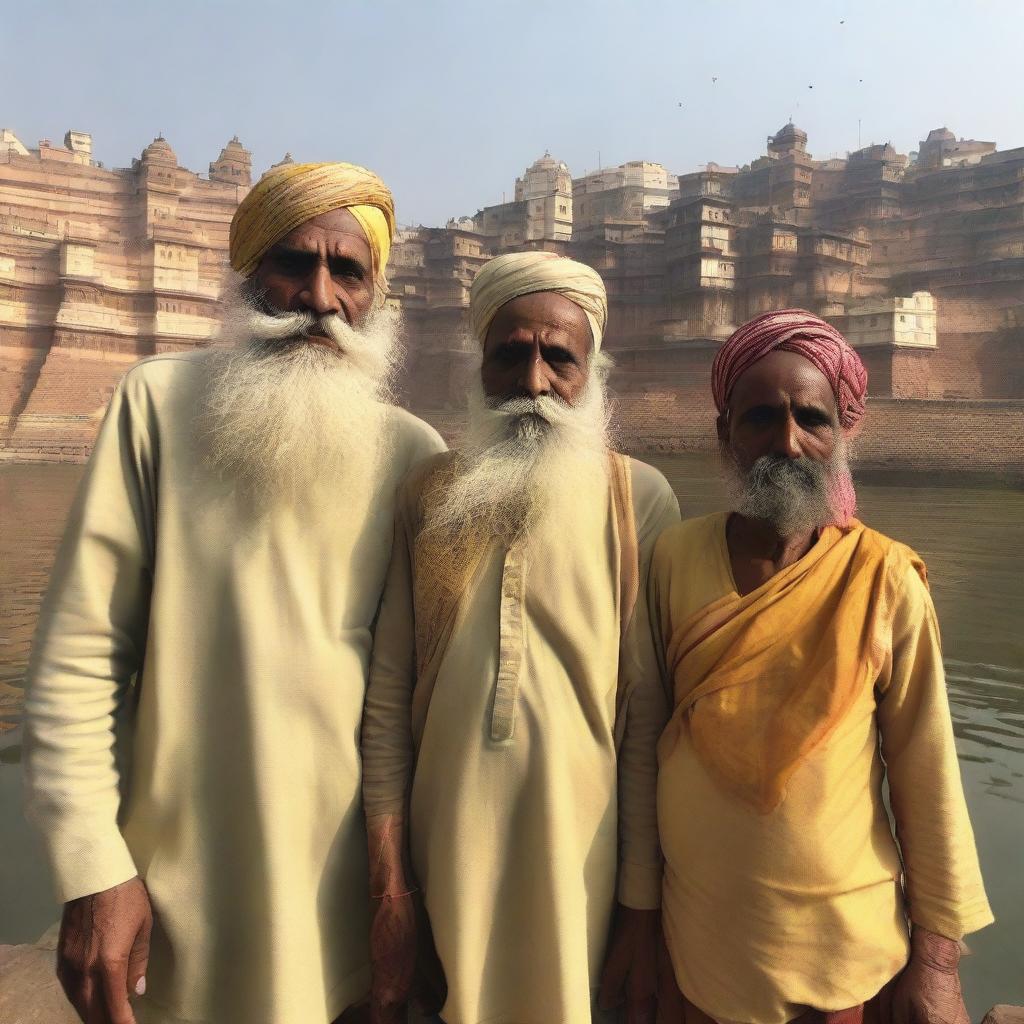 A scene featuring three people of different ages standing and looking towards the Varanasi ghats