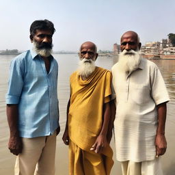 A scene featuring three people of different ages standing and looking towards the Varanasi ghats