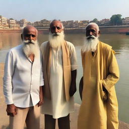 A scene featuring three people of different ages standing and looking towards the Varanasi ghats