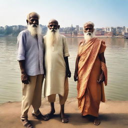 A scene featuring three people of different ages standing and looking towards the Varanasi ghats