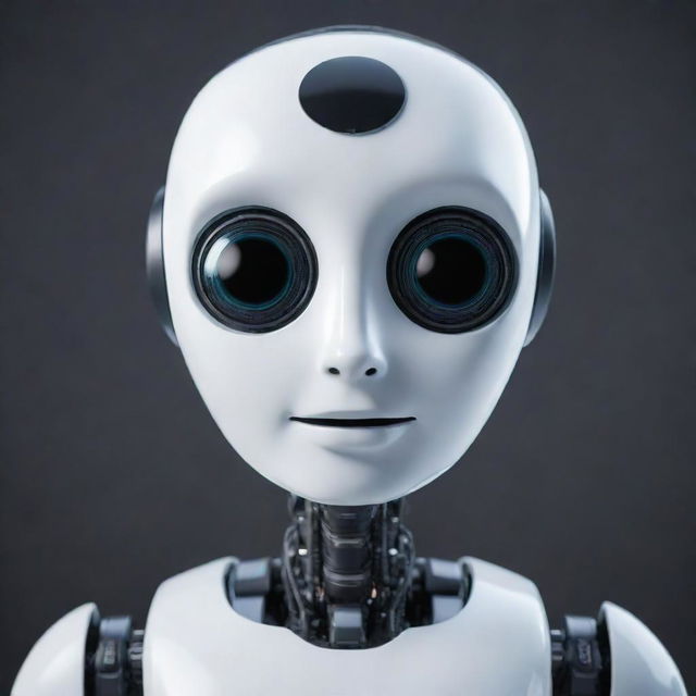 A futuristic, sleek chatbot robot with digital eyes and a friendly expression, designed to represent advanced AI technology.