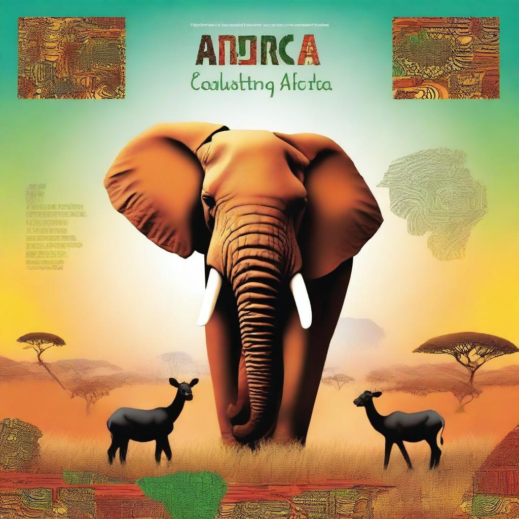 Create a book cover that captures the essence of Africa, highlighting its diverse landscapes, rich cultural heritage, and majestic wildlife