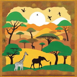 Create a book cover that captures the essence of Africa, highlighting its diverse landscapes, rich cultural heritage, and majestic wildlife