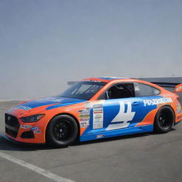 A Hyundai car reinvented in the NASCAR style, flaunting vibrant colors, racing modifications, and decorated with diverse sponsor decals.