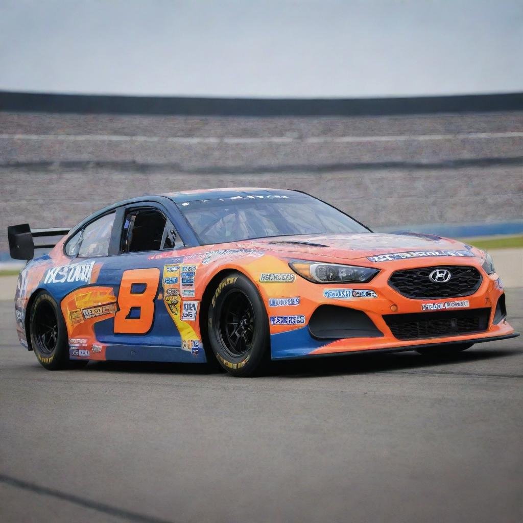 A Hyundai car reinvented in the NASCAR style, flaunting vibrant colors, racing modifications, and decorated with diverse sponsor decals.