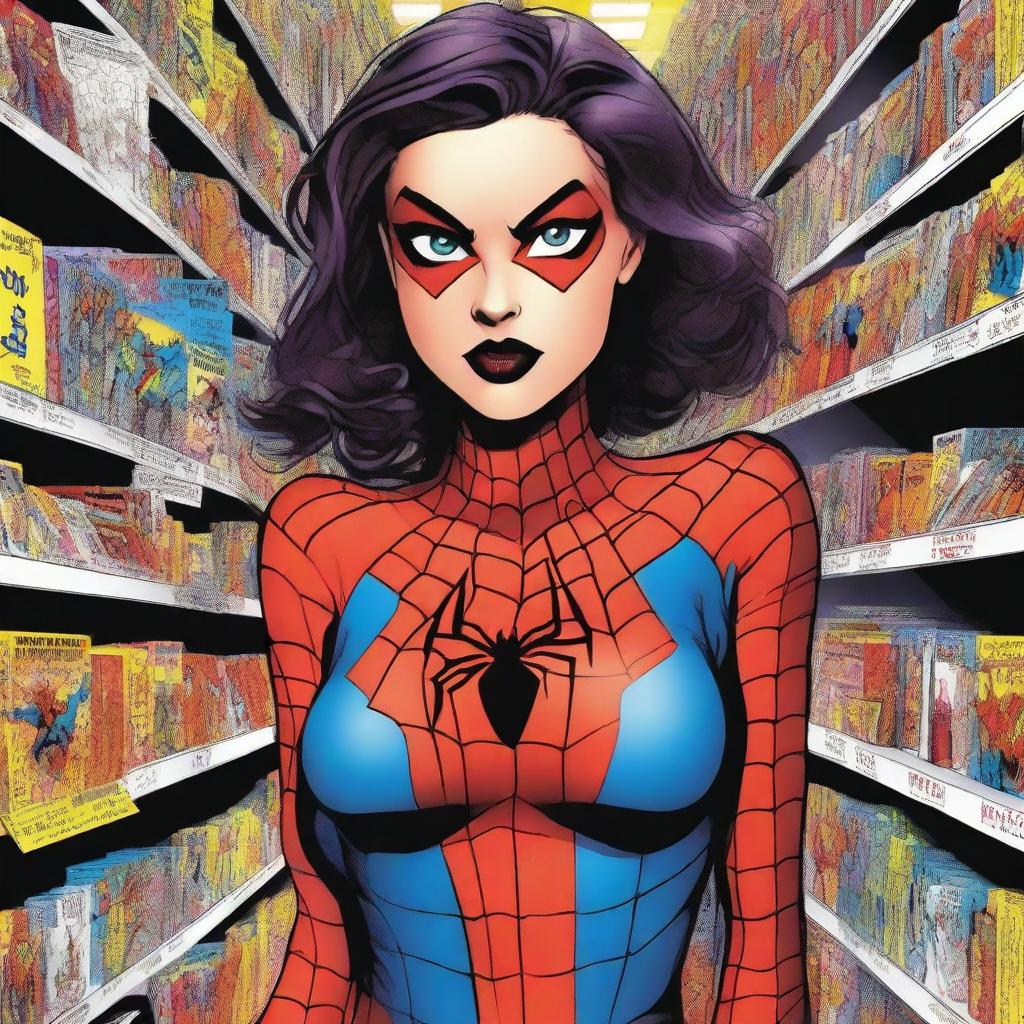 In a bustling comic book shop, a striking masterpiece of a woman catches your eye
