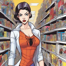 In a bustling comic book shop, a striking masterpiece of a woman catches your eye