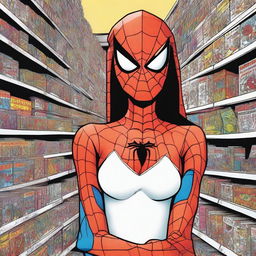 In a bustling comic book shop, a striking masterpiece of a woman catches your eye