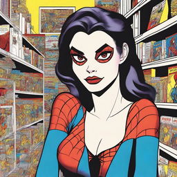 In a bustling comic book shop, a striking masterpiece of a woman catches your eye