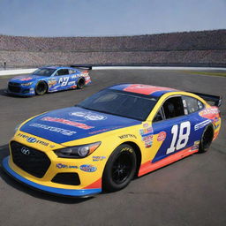 A Hyundai car reinvented in the NASCAR style, flaunting vibrant colors, racing modifications, and decorated with diverse sponsor decals.