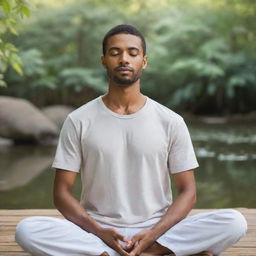 A serene man meditating in a peaceful environment showing the calmness and tranquility of meditation