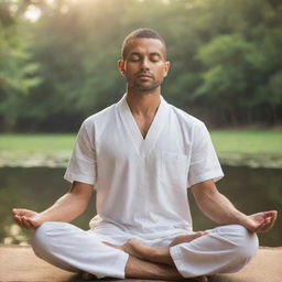 A serene man meditating in a peaceful environment showing the calmness and tranquility of meditation