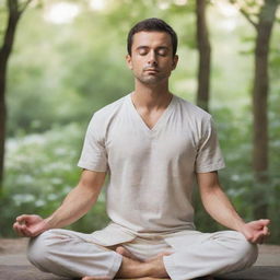 A serene man meditating in a peaceful environment showing the calmness and tranquility of meditation