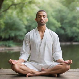 A serene man meditating in a peaceful environment showing the calmness and tranquility of meditation