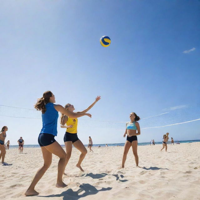 A high-energy volleyball game on a sandy beach under a bright, sunny sky. Players make dynamic moves, creating a lively scene with a clear, blue volleyball in mid-air.