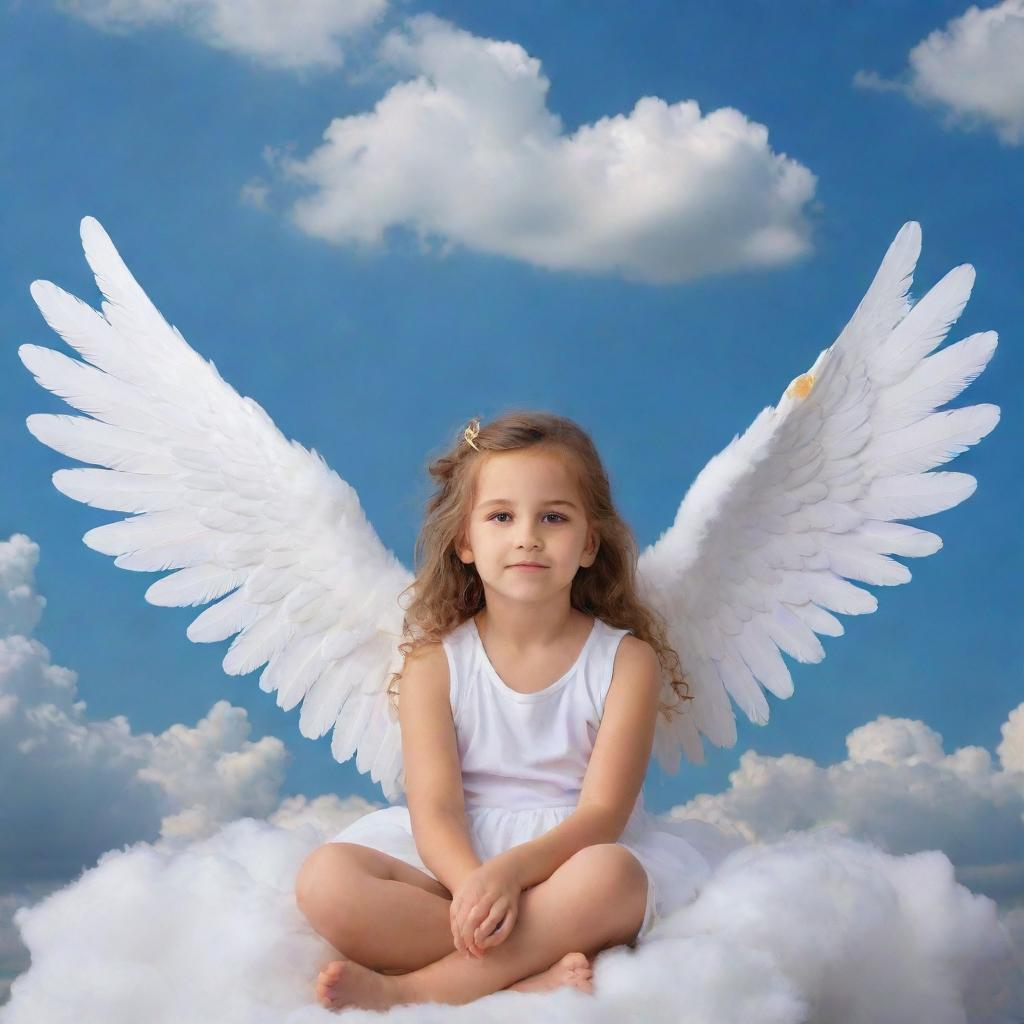 A young girl with graceful angel wings, golden halo above her head, sitting on a fluffy cloud against a serene sky background