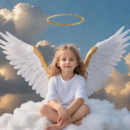 A young girl with graceful angel wings, golden halo above her head, sitting on a fluffy cloud against a serene sky background