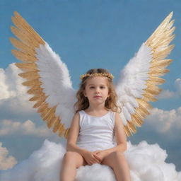 A young girl with graceful angel wings, golden halo above her head, sitting on a fluffy cloud against a serene sky background