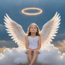 A young girl with graceful angel wings, golden halo above her head, sitting on a fluffy cloud against a serene sky background