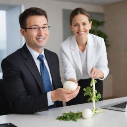 A boss in a professional attire, generously offering a pristine white radish to a grateful employee in an office setting.