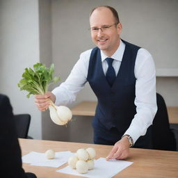 A boss in a professional attire, generously offering a pristine white radish to a grateful employee in an office setting.