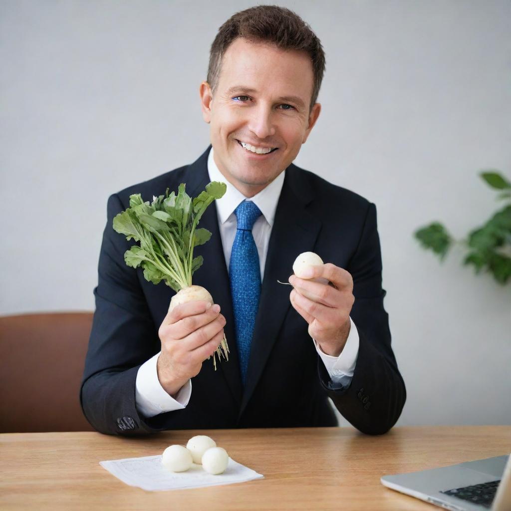 A boss in a professional attire, generously offering a pristine white radish to a grateful employee in an office setting.